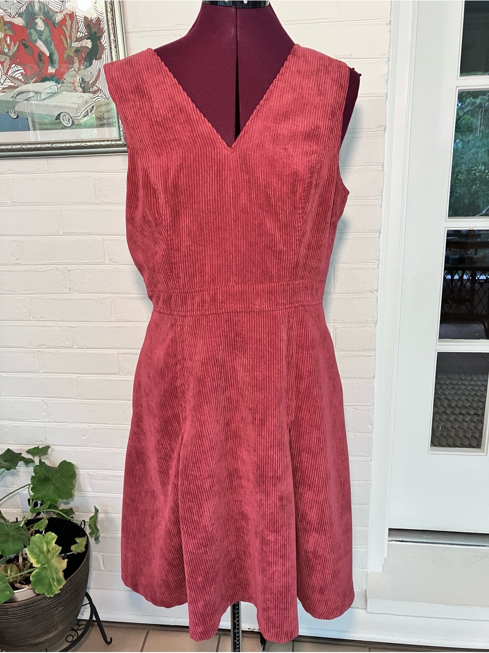 ModCloth Rose Pink Corduroy Fit & Flare Dress | Size 10 | V-Neck | Lined